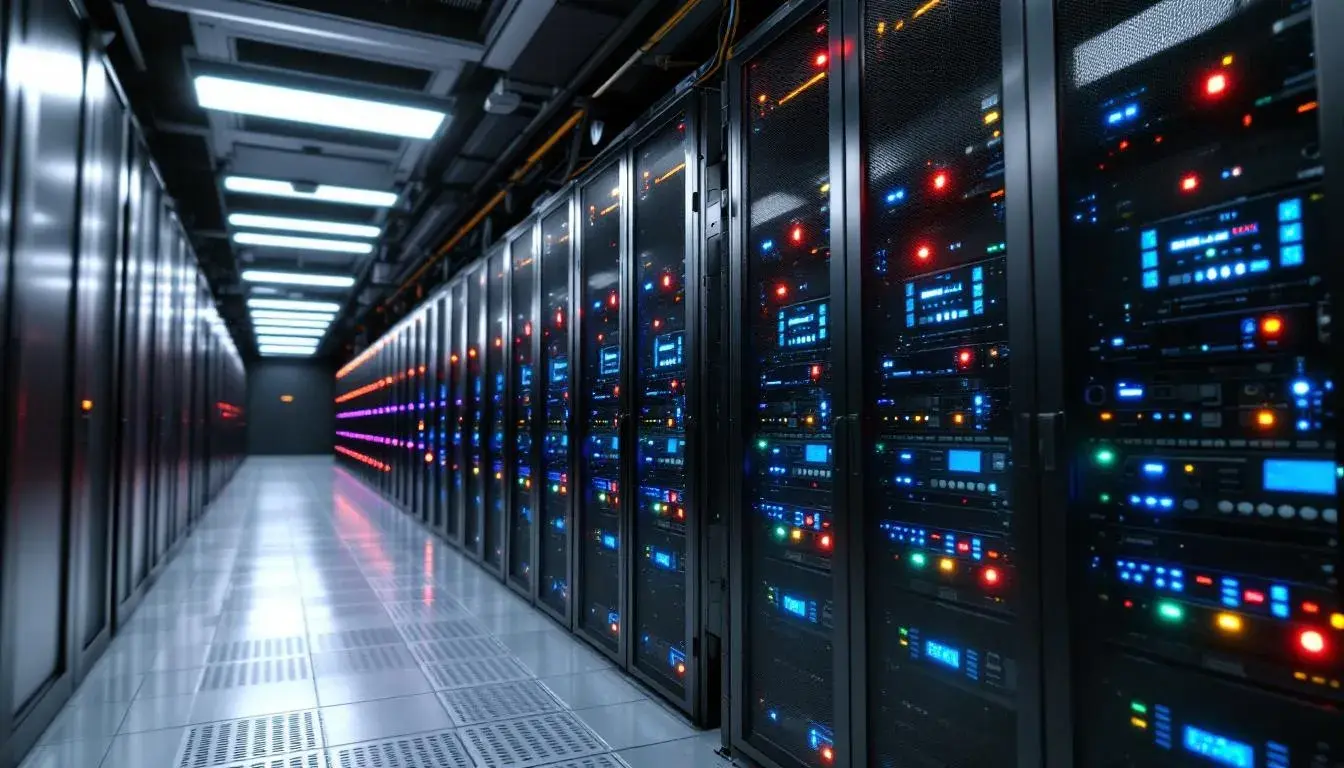 In a server room filled with multiple rack-mounted servers, blinking lights indicate activity as the machines operate, showcasing a high-tech environment essential for managing remote server administration tools and Windows Server installations. The setup exemplifies a production environment where configurations and command line management are key to maintaining optimal performance.