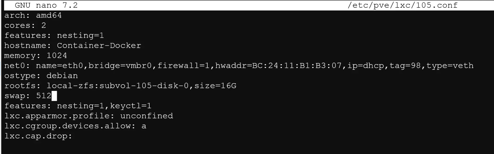 Edit the container conf file