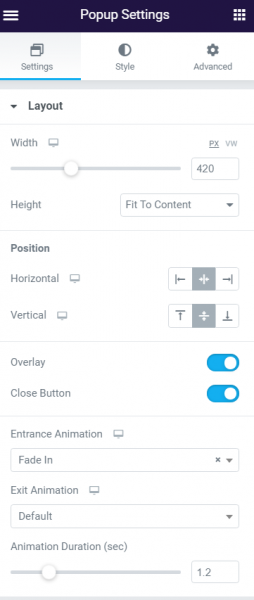 Elementor Pro widget - Popup Settings