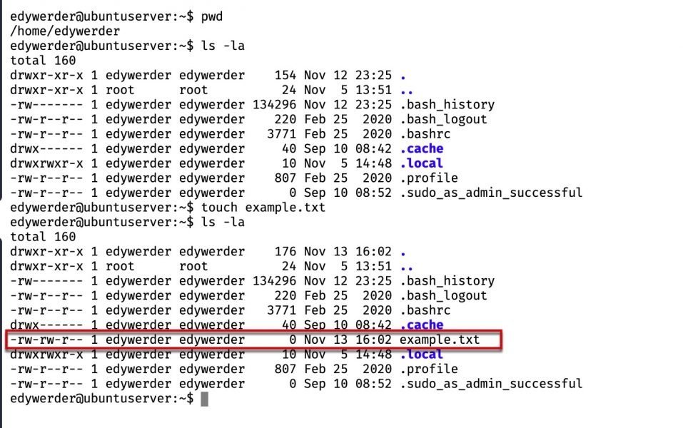 create a new file and check linux file permissions