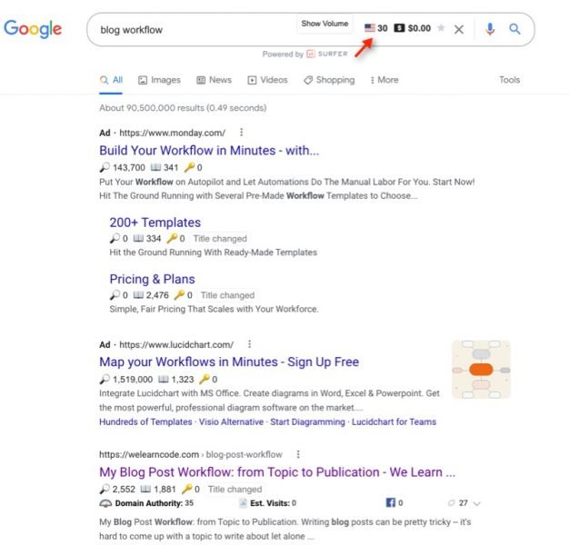 keyword research in Google with SurferSEO