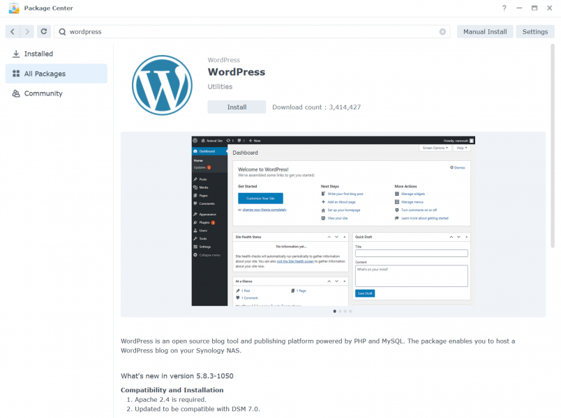 WordPress on Synology: Package Center