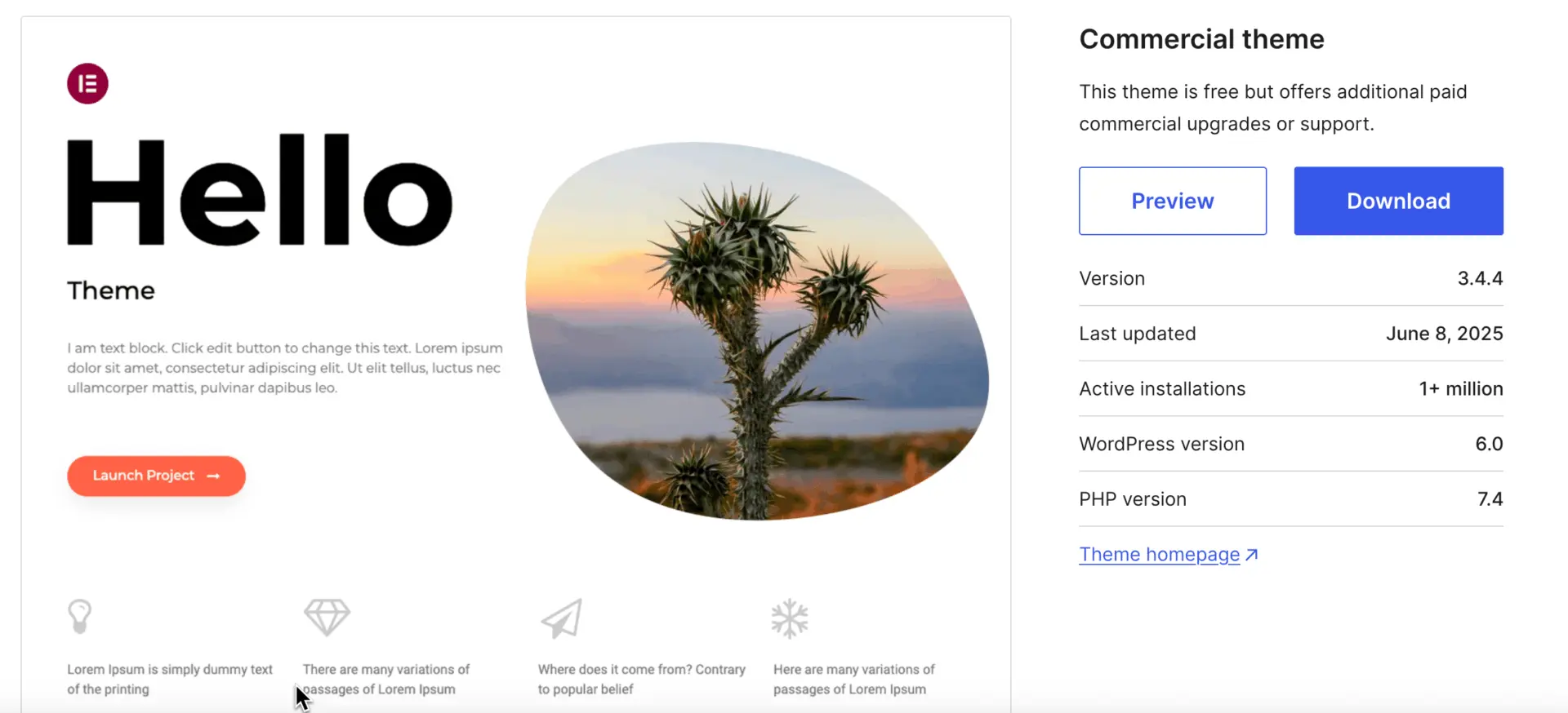 Hello Elementor theme preview from the WordPress repository showing its minimal layout and clean design for full Elementor control.