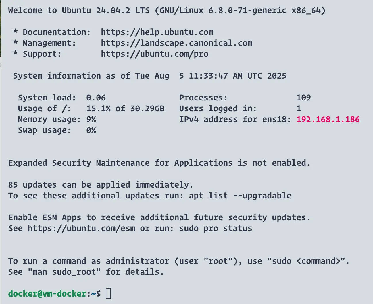 Ubuntu 24.04 installed in a Proxmox VM and logged in with SSH