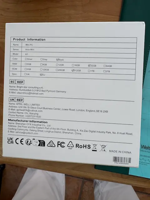 Label on back of Acemagic K1 box showing available RAM, storage, color, and region variants