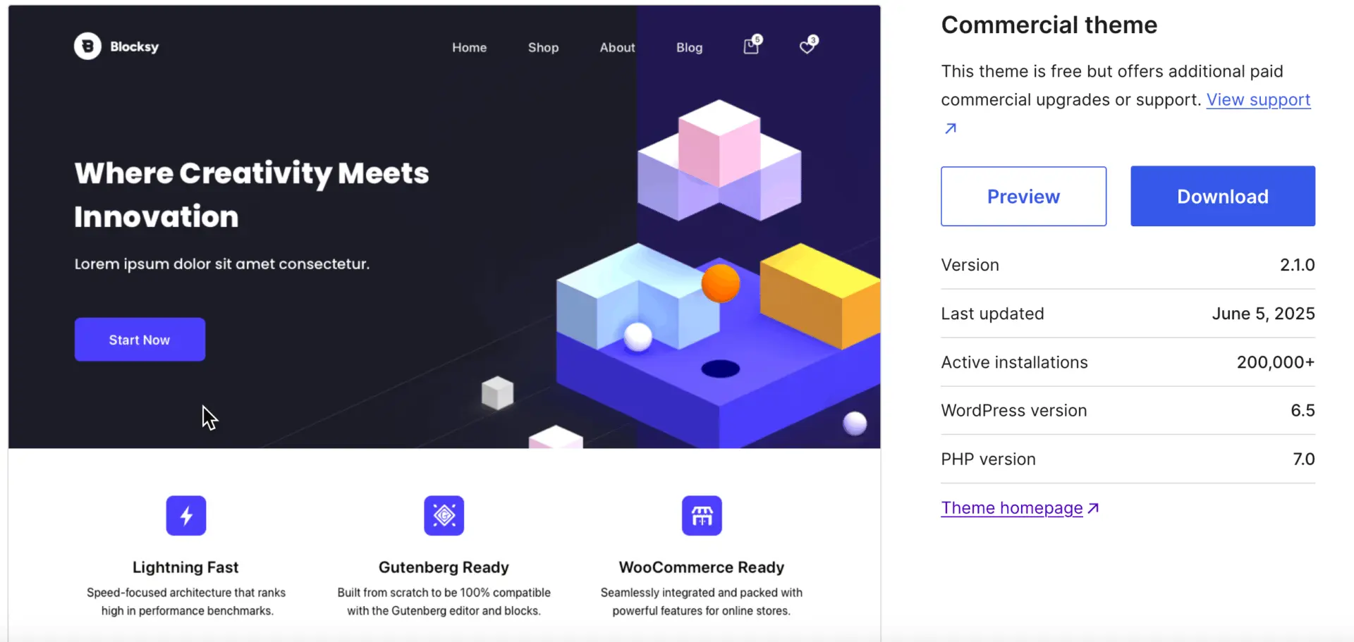 Blocksy theme preview from the WordPress repository showing a modern dark-mode homepage layout with WooCommerce and Gutenberg-ready features.