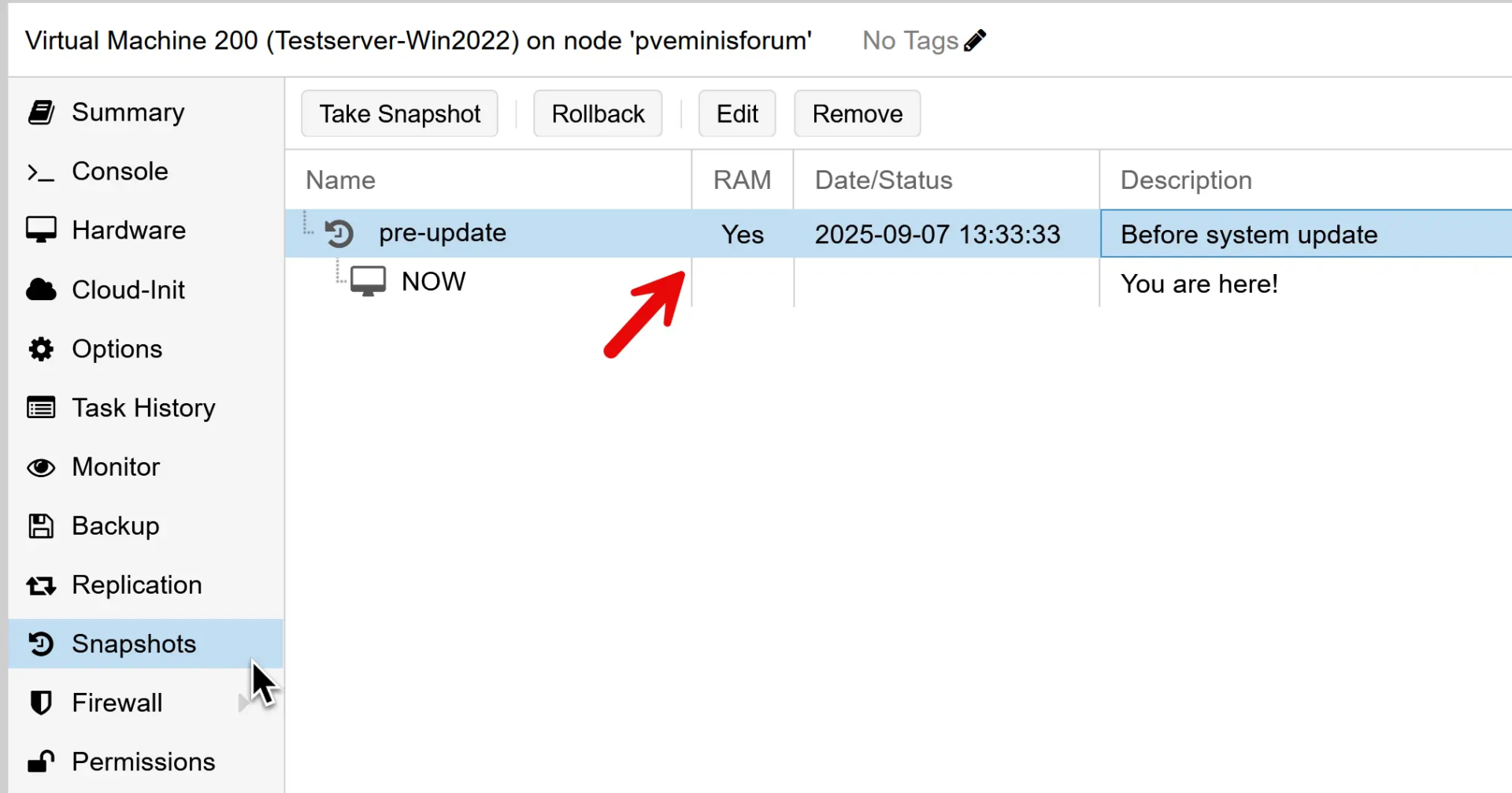 Proxmox Snapshot taken with RAM - View in the GUI
