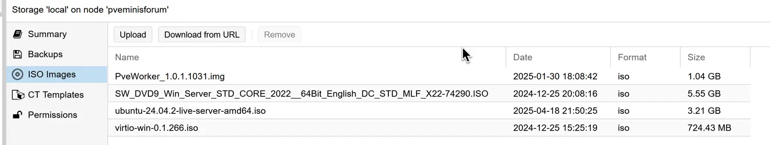 Proxmox ISO images shown in the GUI