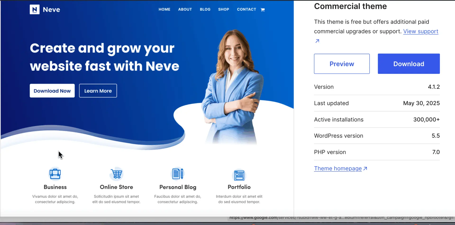 Neve WordPress theme preview featuring a business-oriented homepage with a professional woman, bold headline, and icons for business, online store, blog, and portfolio sites.