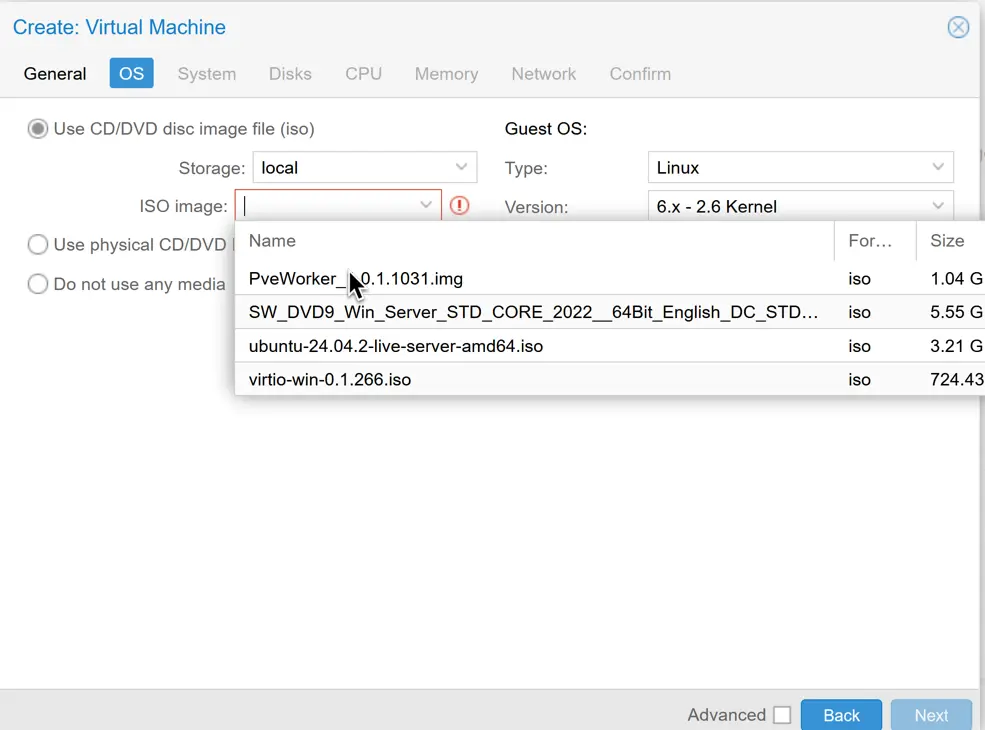 Proxmox create VM - OS tab to choose the image file