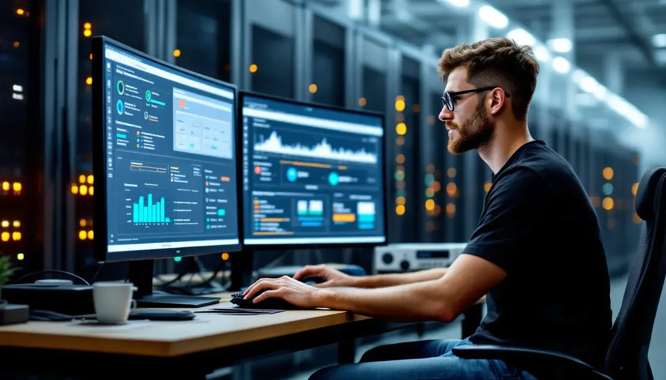 A server administrator is focused on managing a virtualization interface across multiple monitors, utilizing Proxmox VE to oversee virtual machines, configuration files, and data backups. The web interface displays various settings and options for creating and restoring snapshots, ensuring optimal system security and performance.