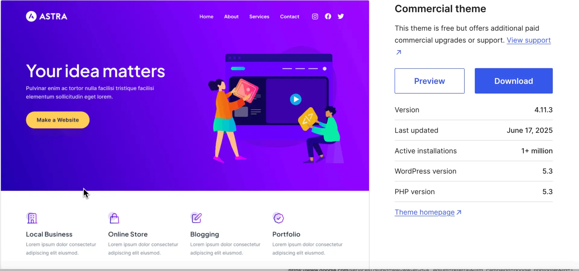 Astra theme preview from the WordPress repository showcasing a vibrant homepage design with sections for local business, online store, blogging, and portfolio use.