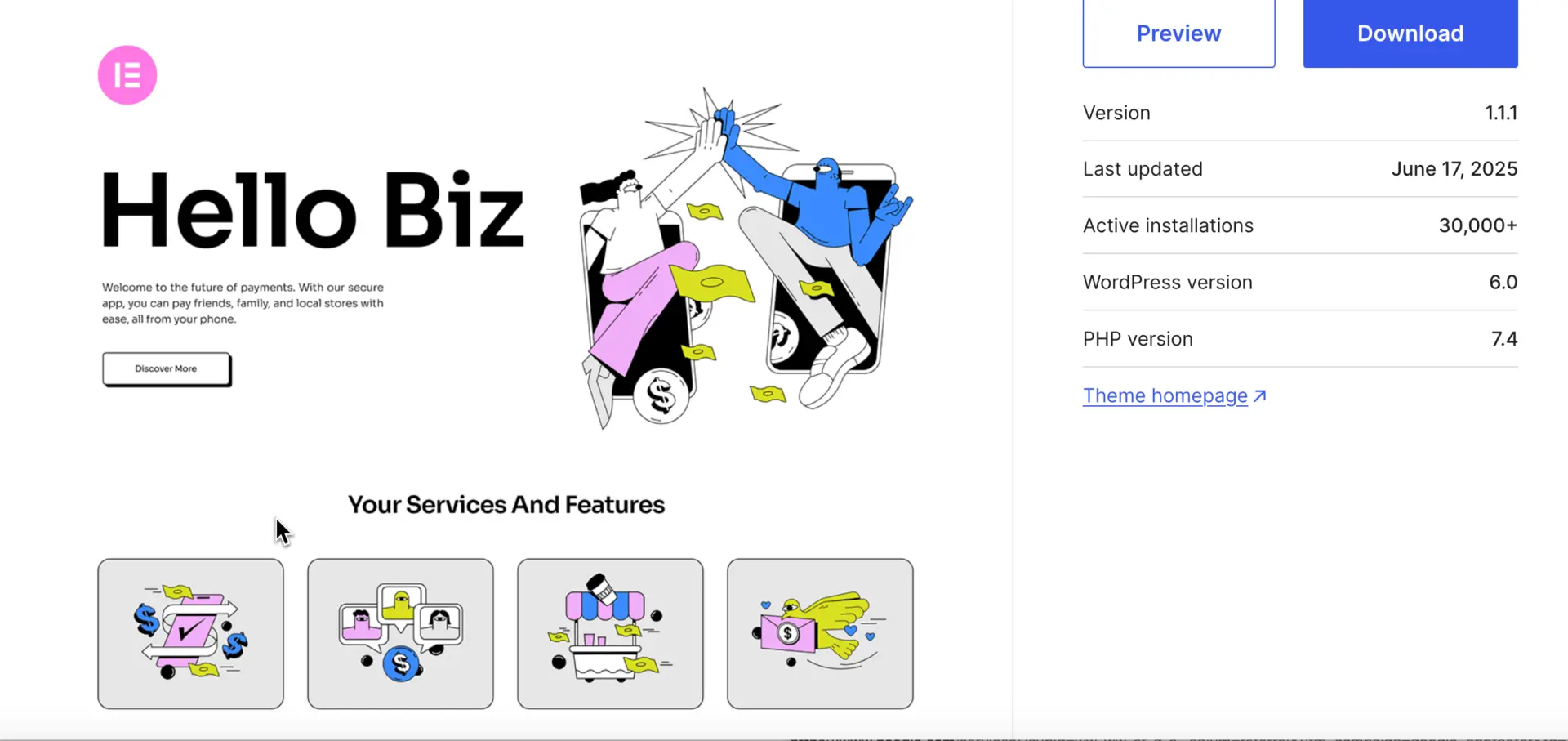 Hello Biz theme preview from the WordPress repository showing a structured homepage with custom widgets and service feature blocks