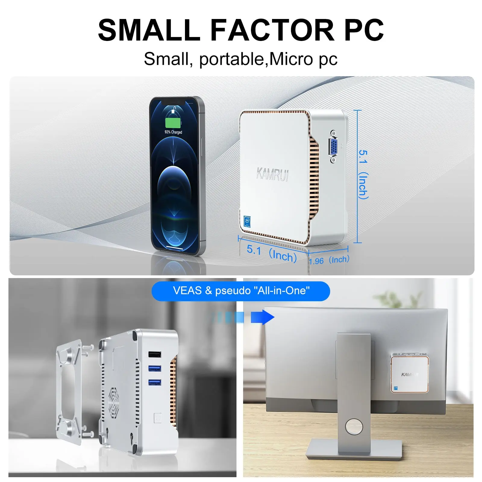 Kamrui GK3 Plus mini PC shown next to smartphone for size comparison, with VESA mount for compact all-in-one setup