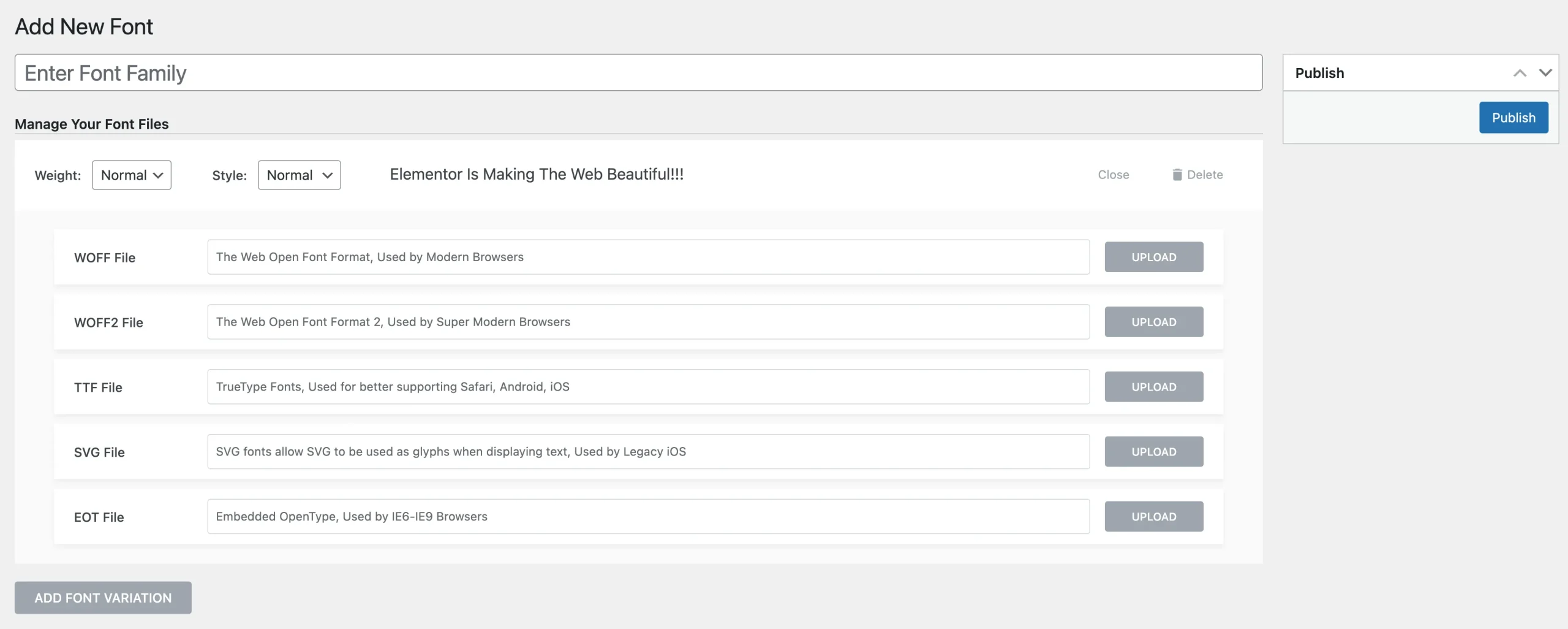 Elementor Add font variation