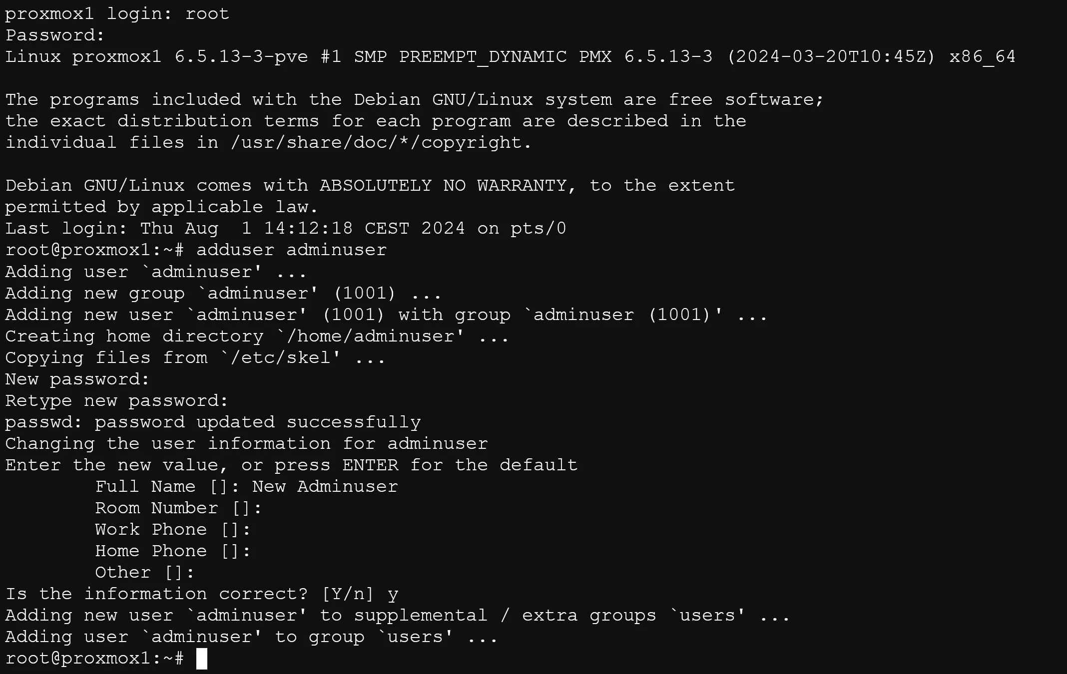 Adding a user to proxmox node