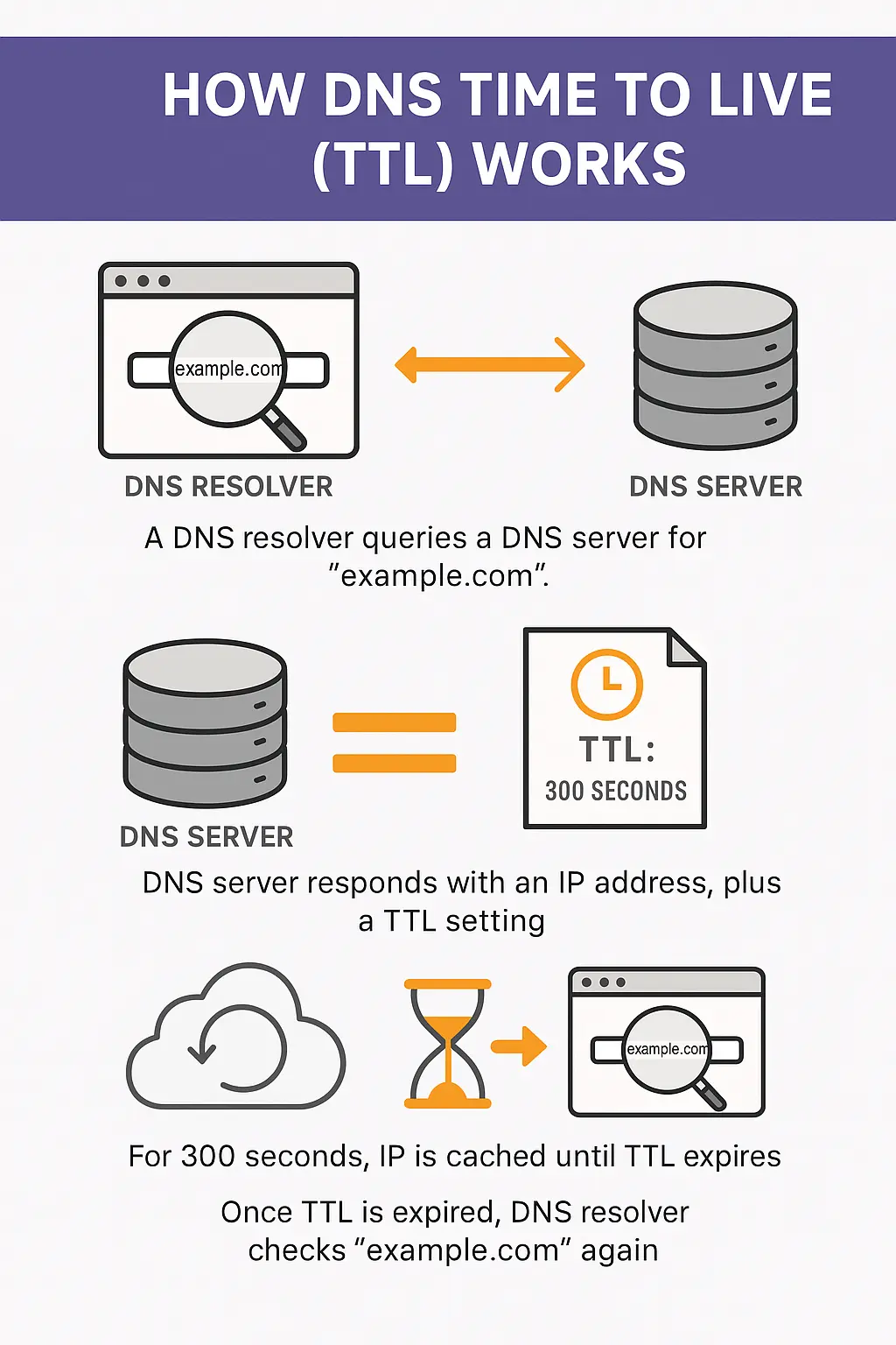 Infographic showing how DNS Time to Live (TTL) works: a DNS resolver queries a DNS server, receives an IP address with a TTL setting, caches it temporarily, and rechecks after the TTL expires