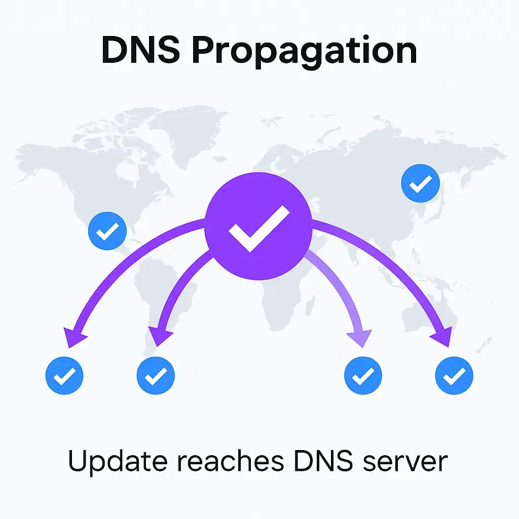 Illustration of DNS propagation showing an update reaching multiple DNS servers globally across continents.