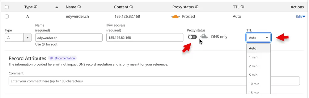 Cloudflare DNS settings showing TTL dropdown and proxy toggle for A record of edywerder.ch. TTL is set to Auto while proxied.