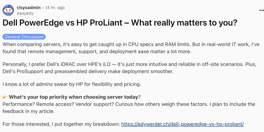 Dell PowerEdge vs HP Proliant on Reddit