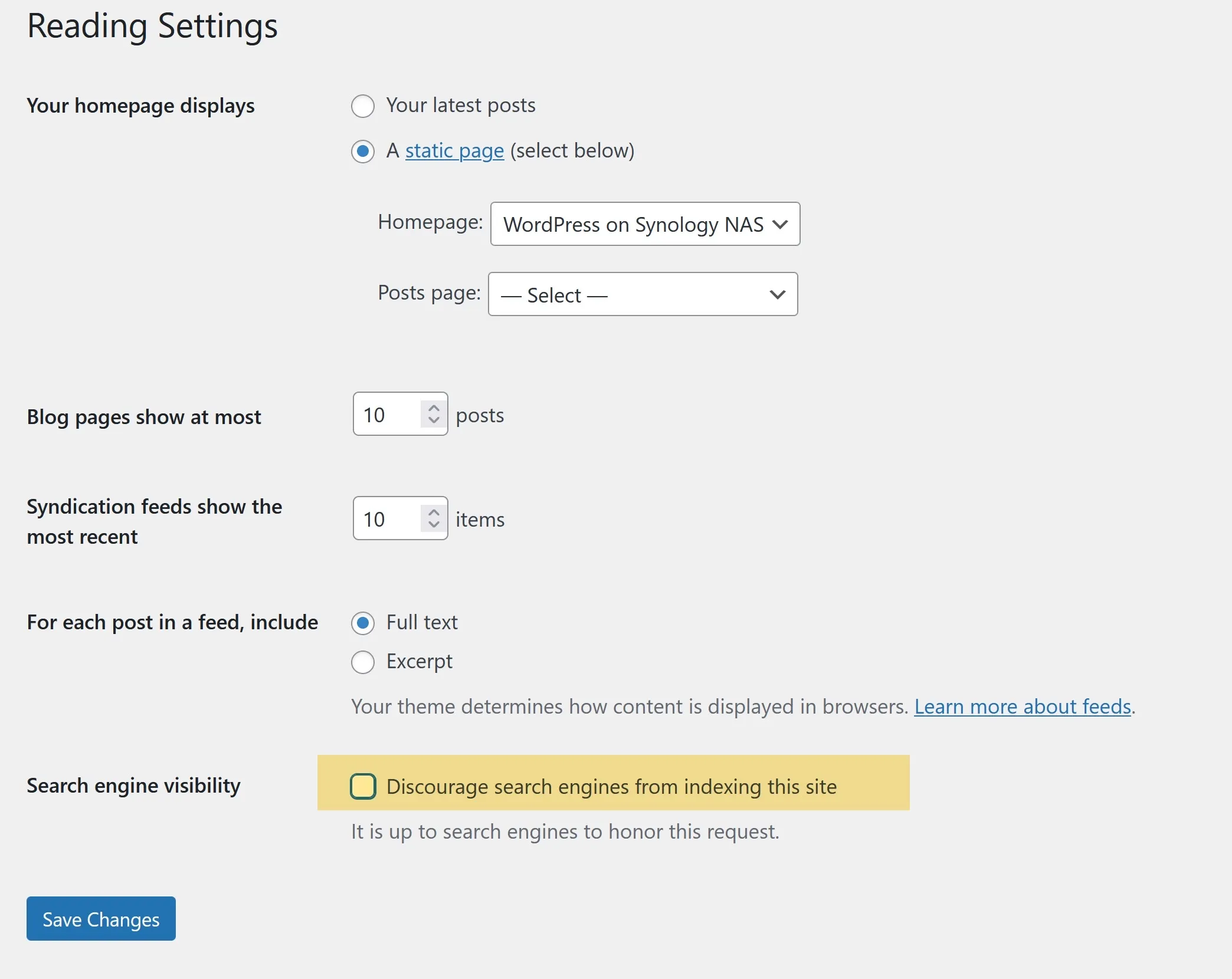 WordPress search engine visibility