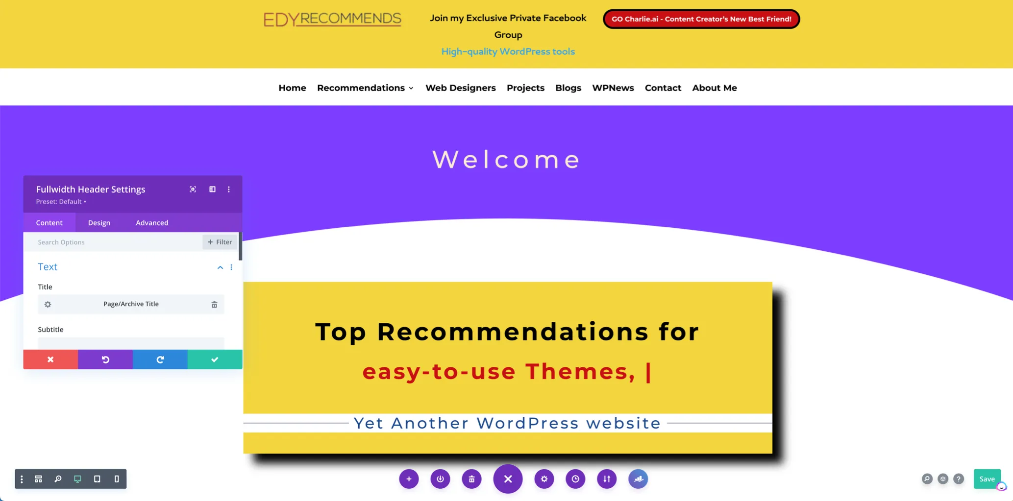 Divie Theme Builder interface