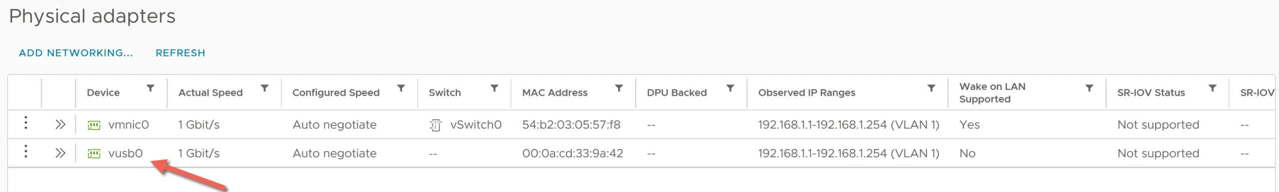 ESXi nic physical adapter with USB nic