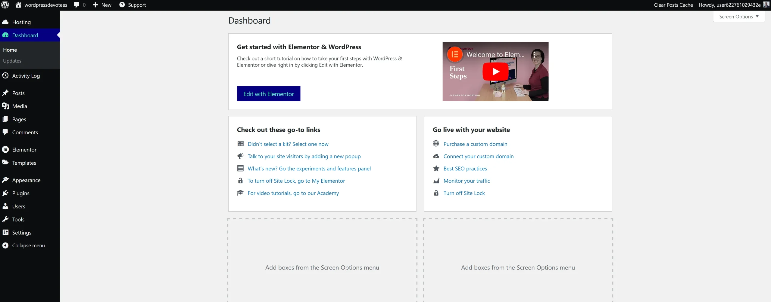 Elementor Hosting WordPress Dashboard