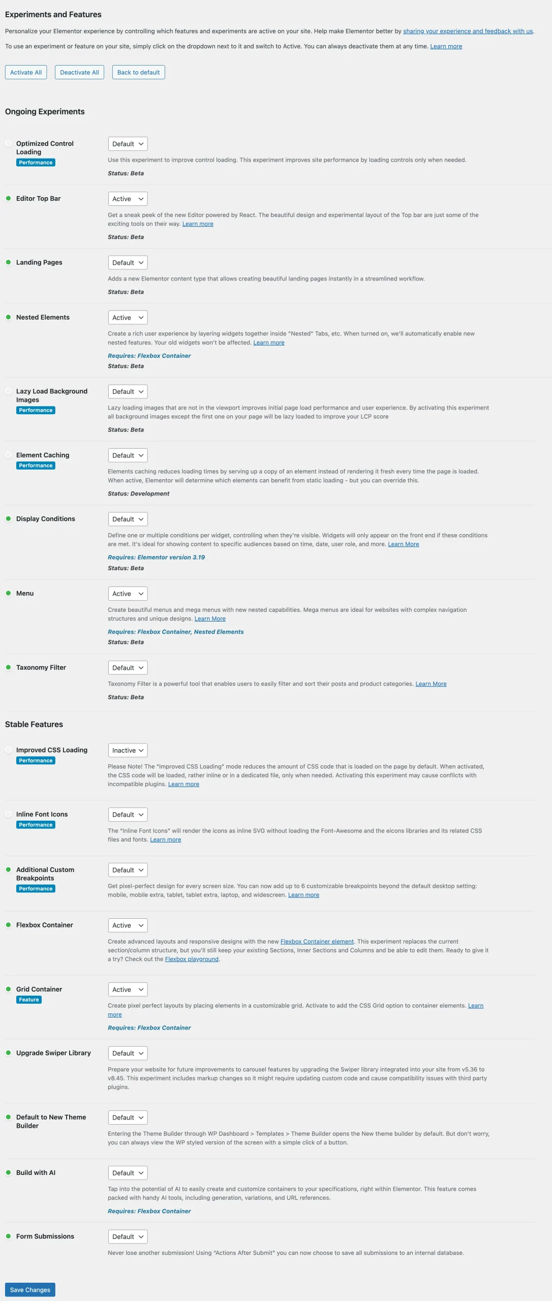 Elementor features and experiments