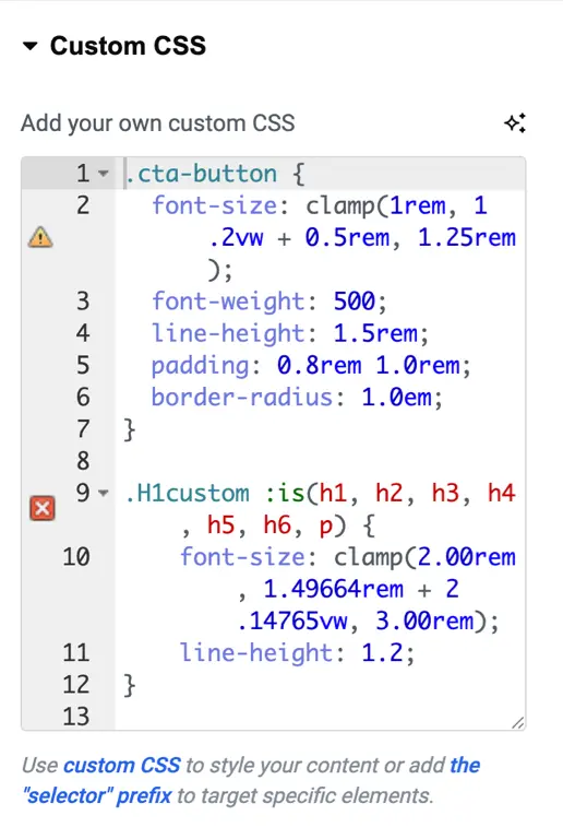 Example for custom CSS in Elementor site settings