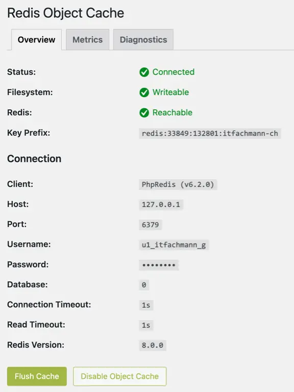 How Redis Object Cache looks when enabled