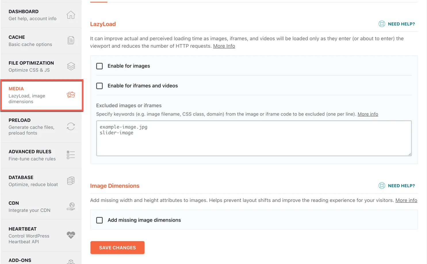 WP Rocket Media settings