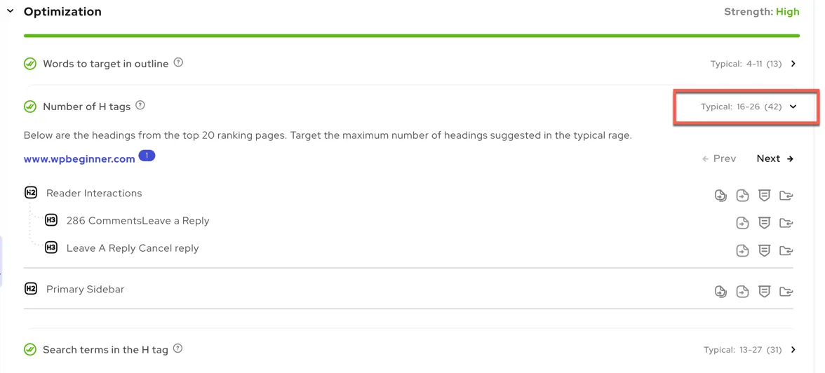 Outline Builder: Number of H tags
