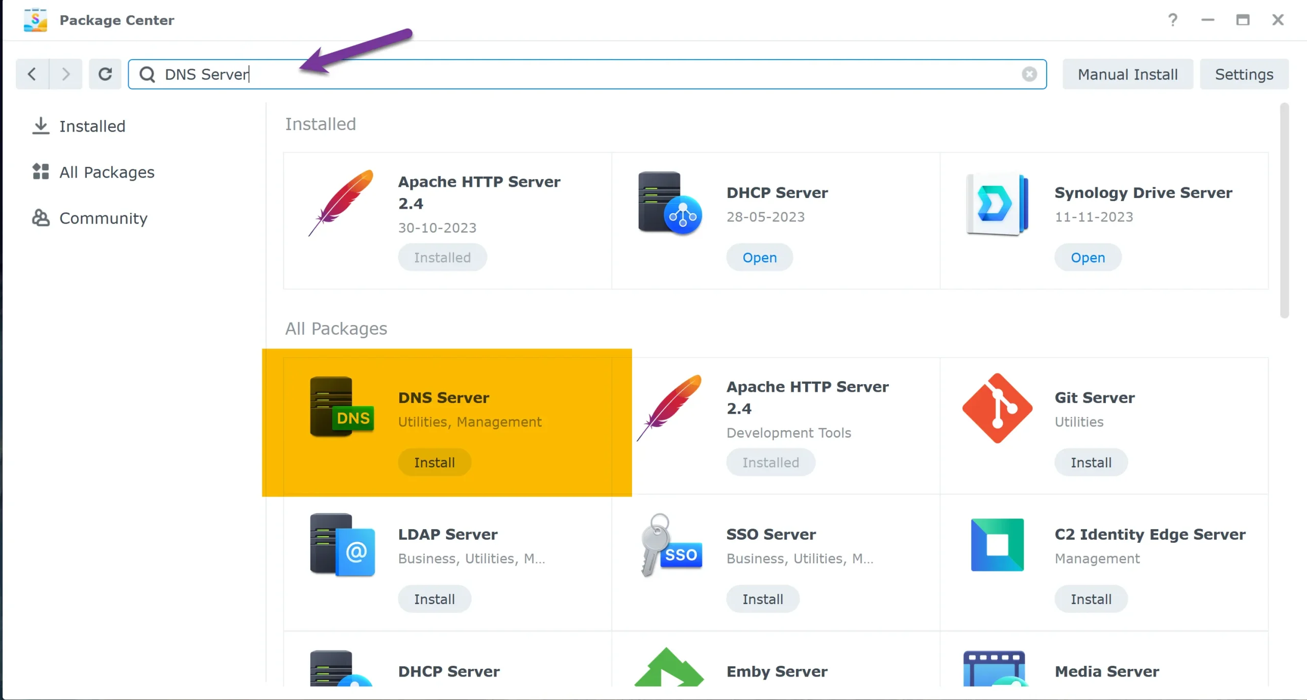 Package Center DNS Server