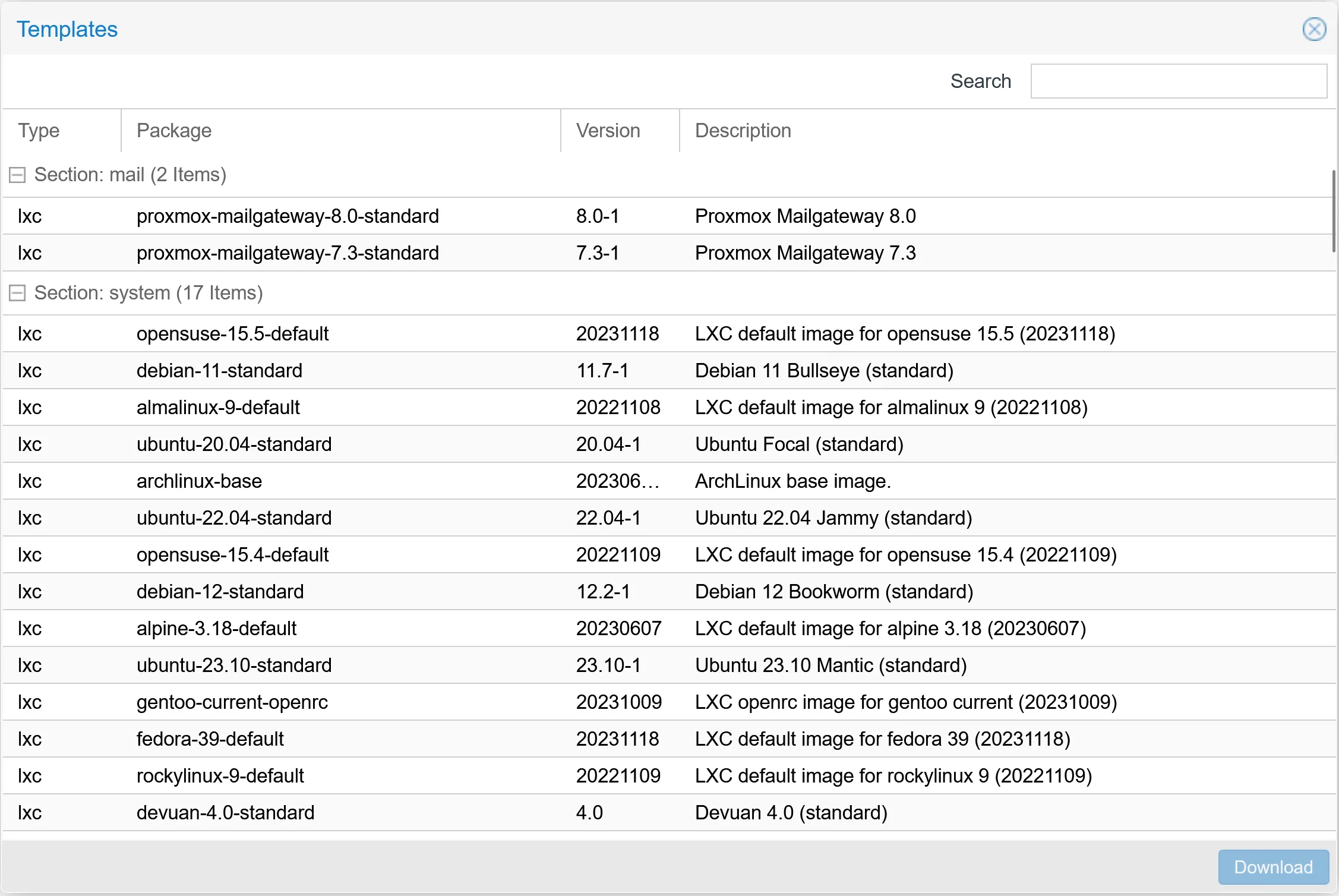 Proxmox Container download a template
