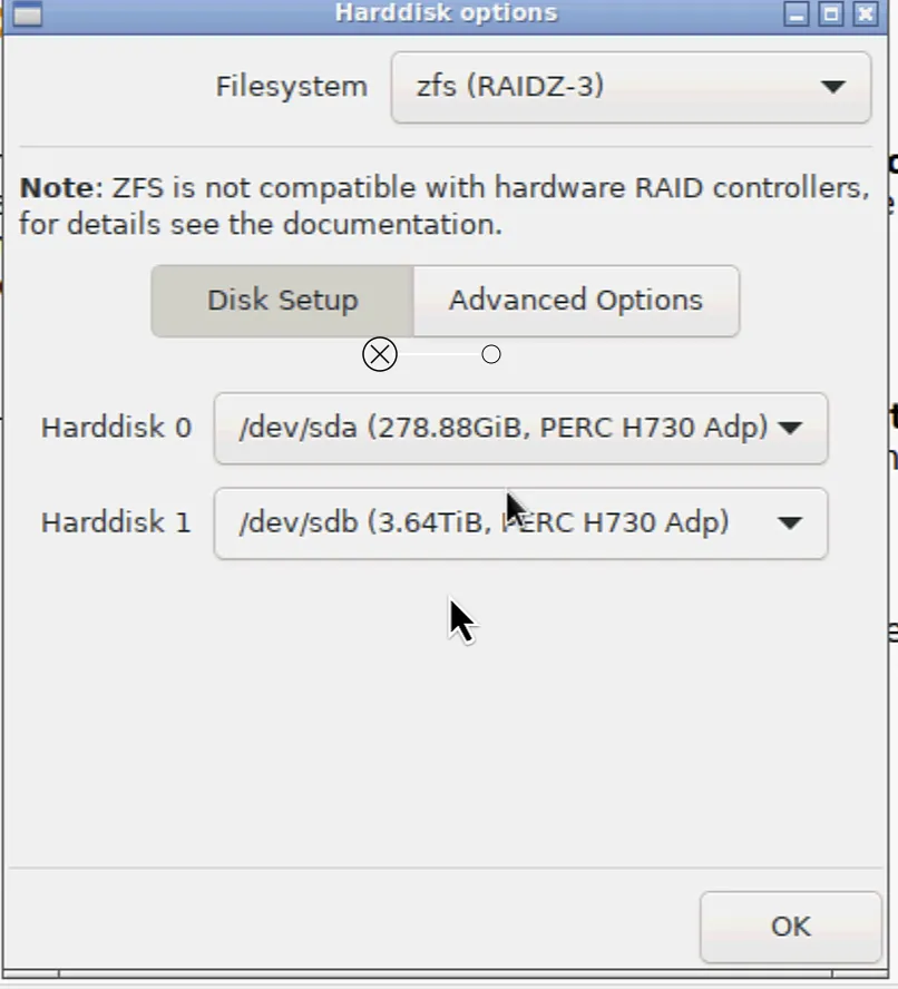 Proxmox 8 target harddisk options select disks