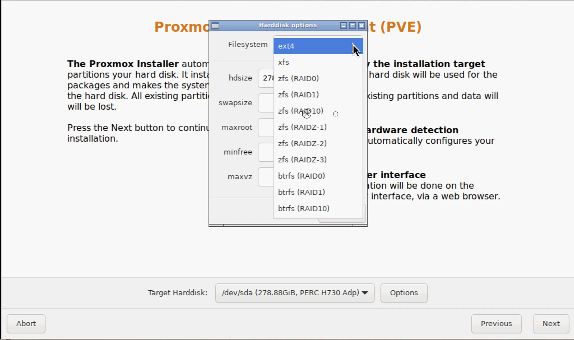 Proxmox 8 target harddisk options