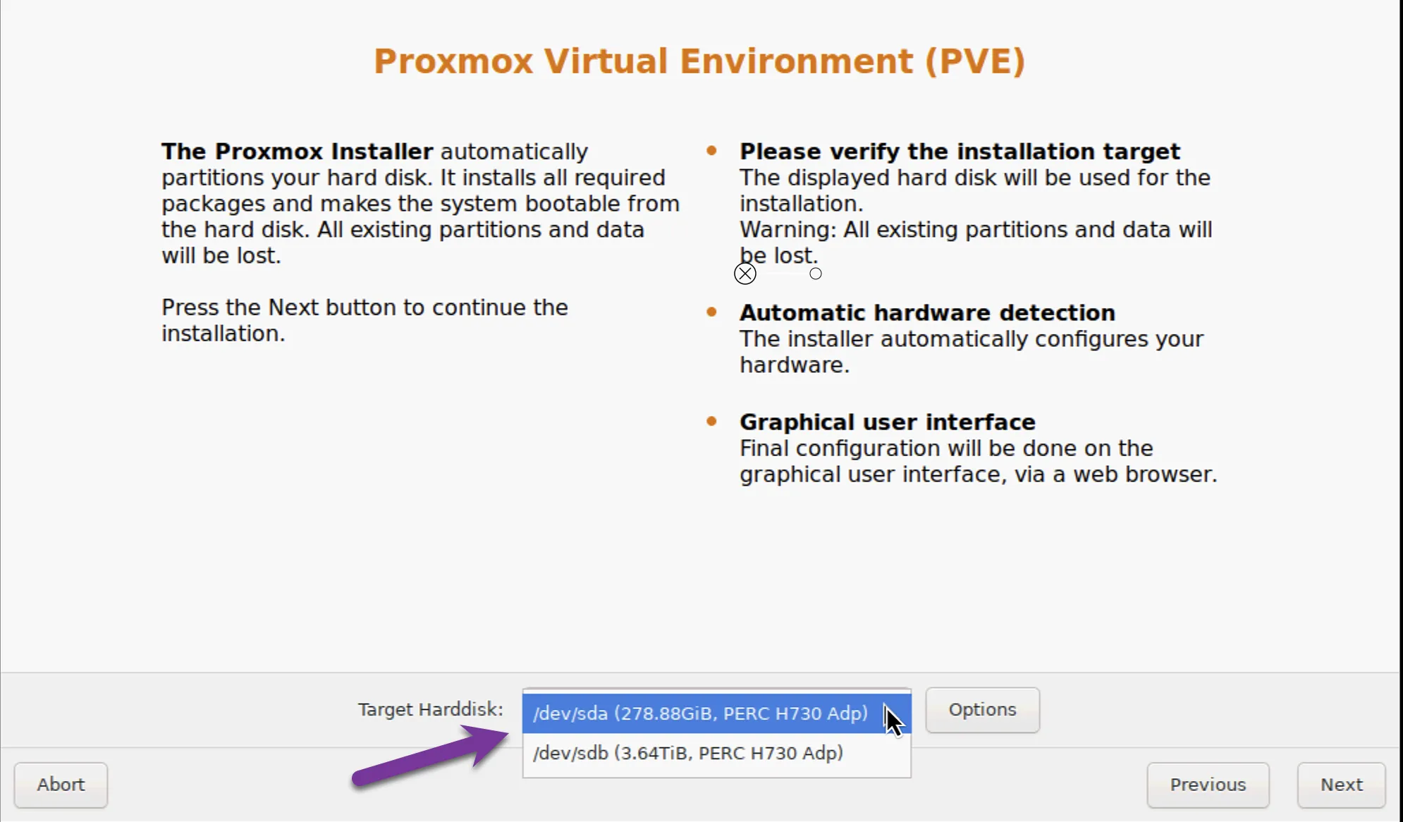 Proxmox installer select target harddisk