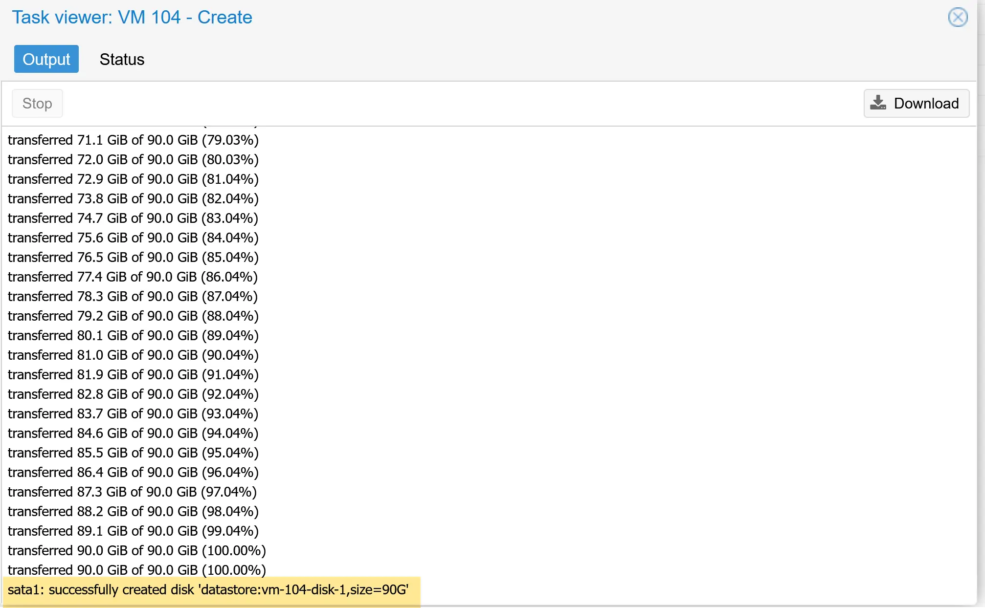Proxmox Import Guest transfer finished