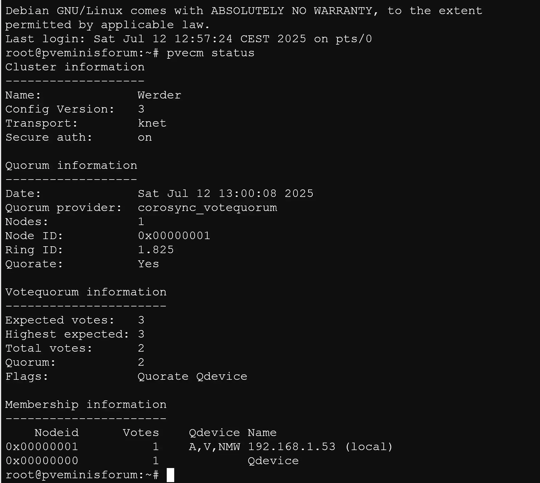 Terminal output of pvecm status showing one node down but quorum still maintained thanks to the QDevice.