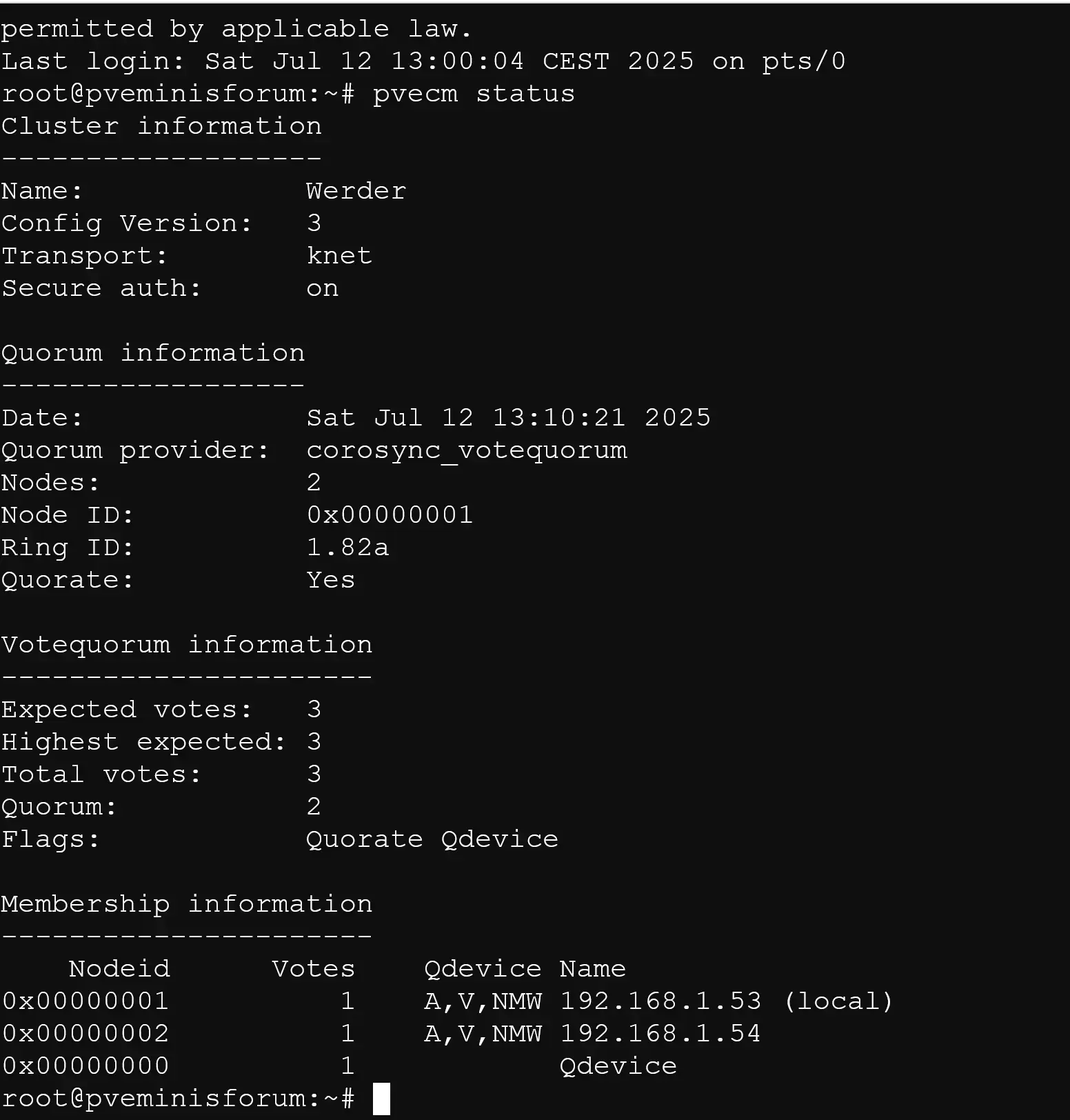 Terminal output of pvecm status showing three total votes — two from cluster nodes and one from a QDevice — confirming quorum is active and stable.