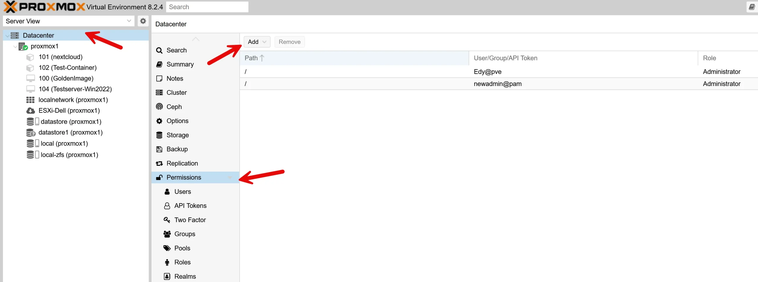 Proxmox user add permission