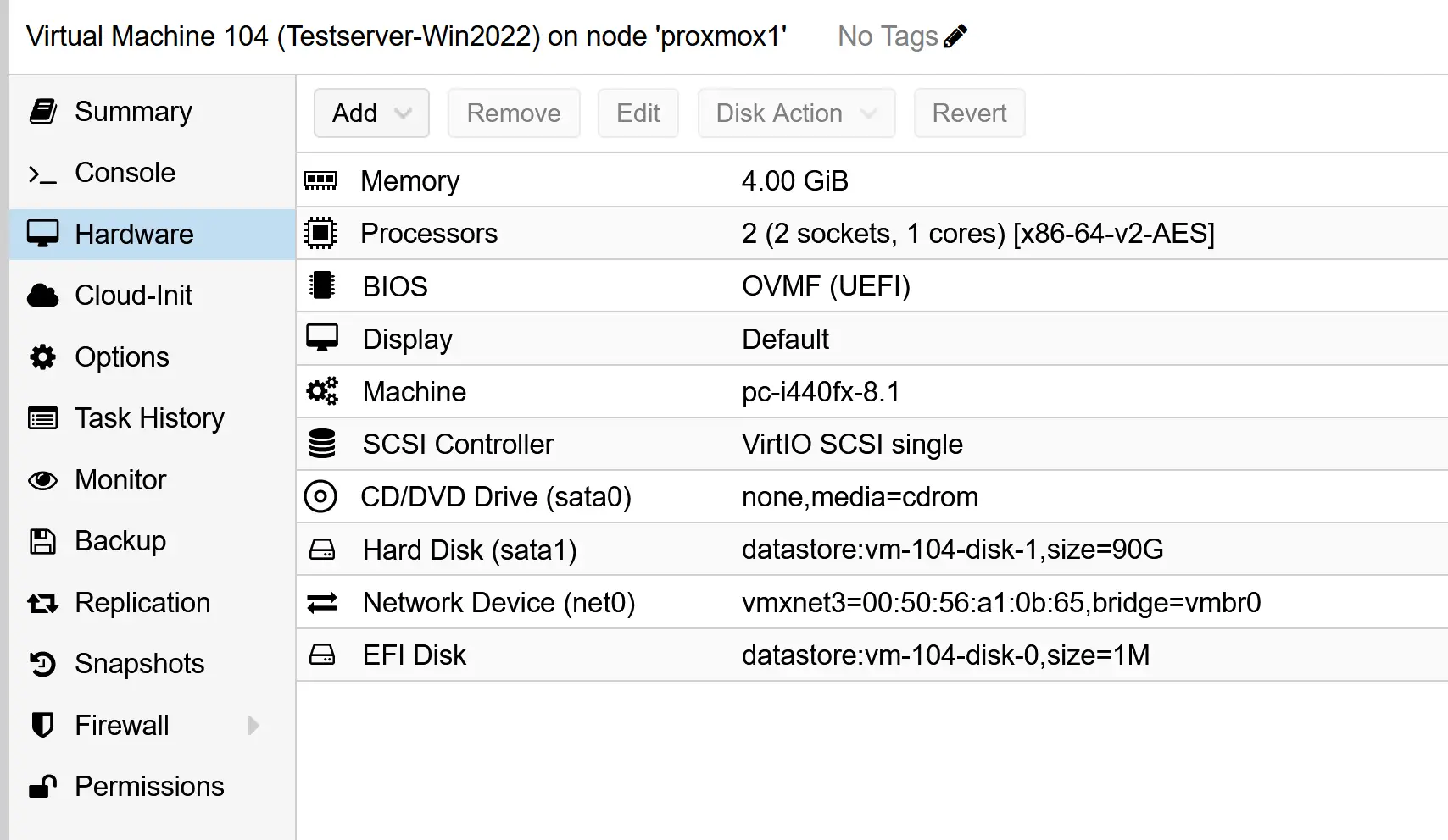Proxmox virtual machine settings
