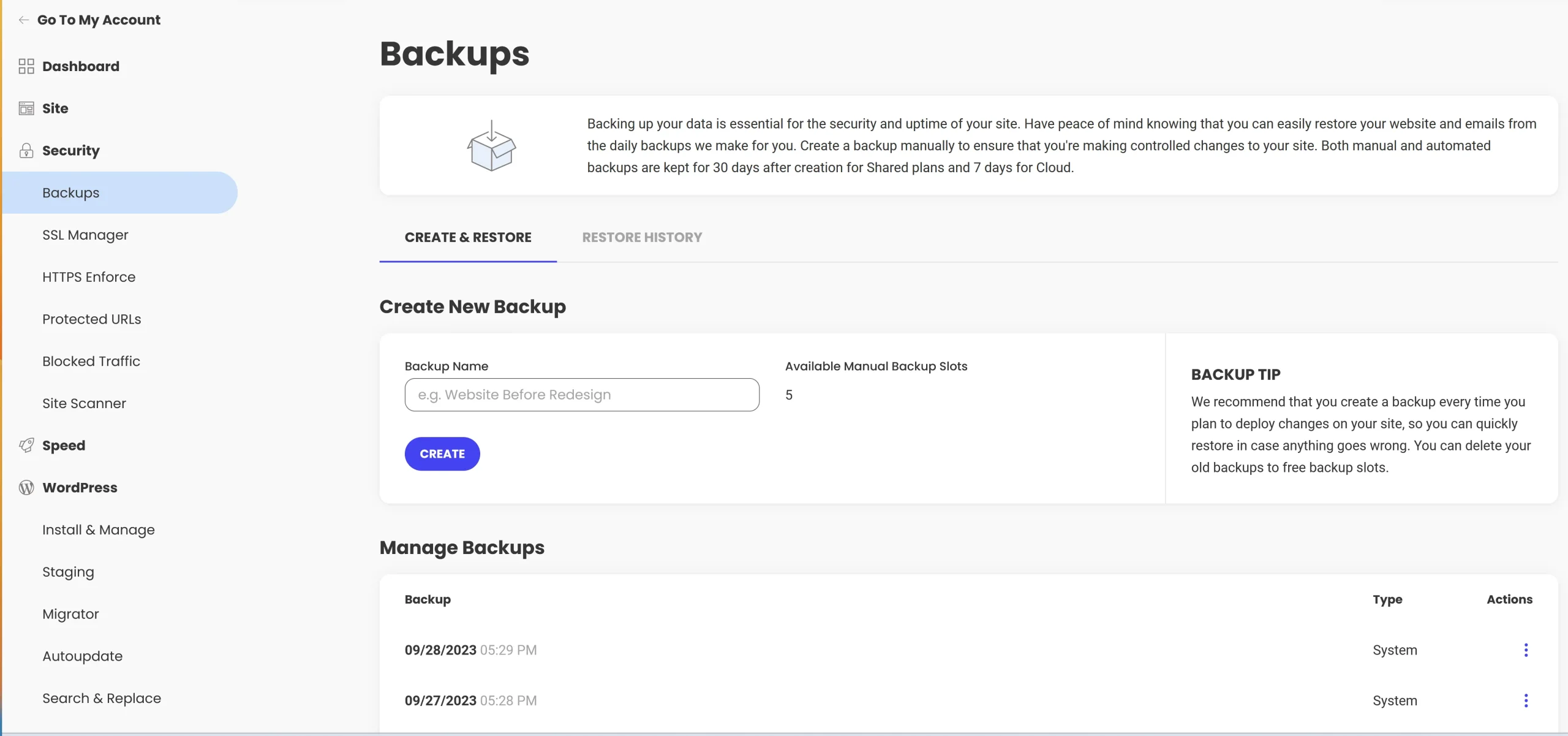 SiteGround, Backup through hosting