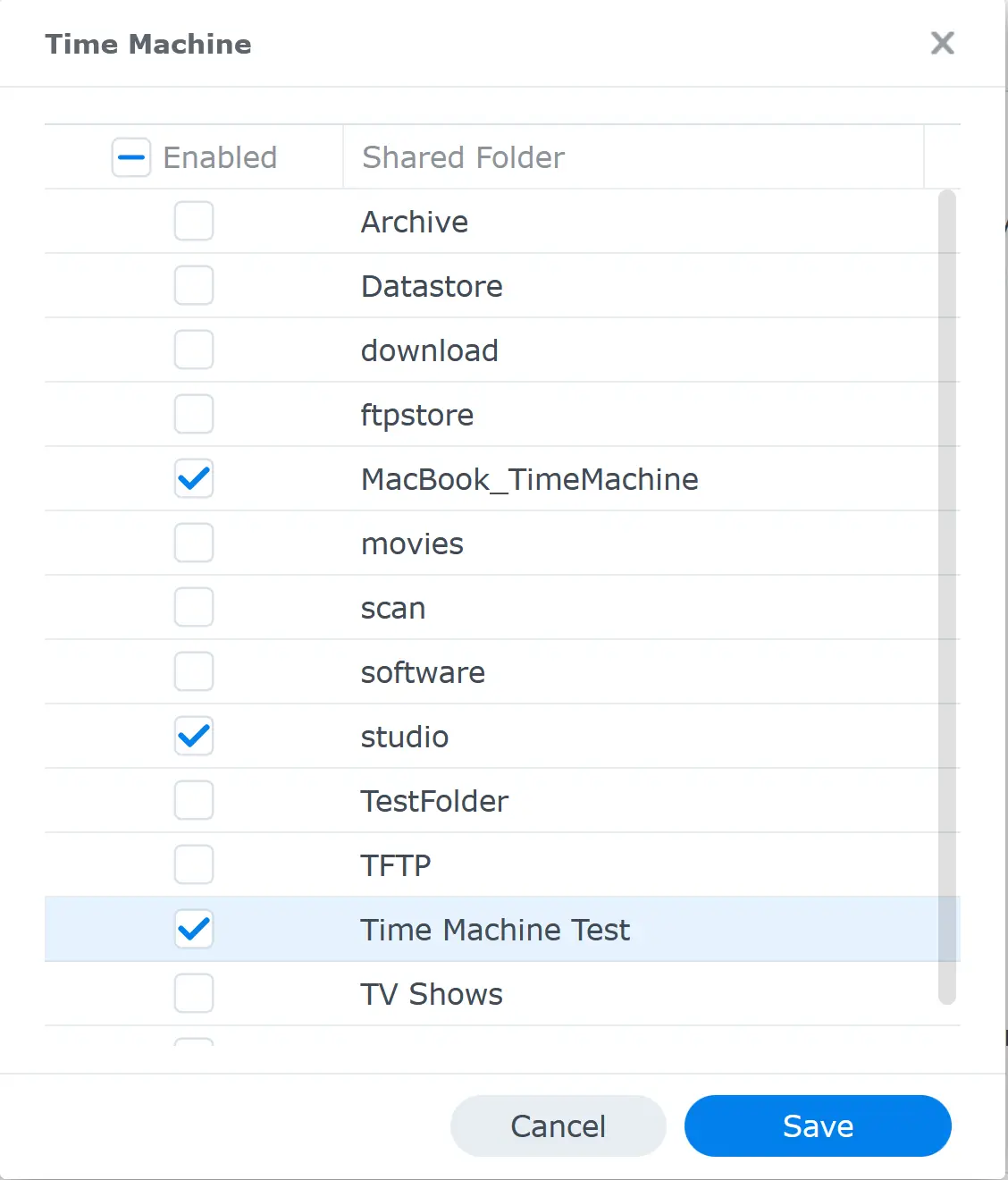 Synology select folder for time machine