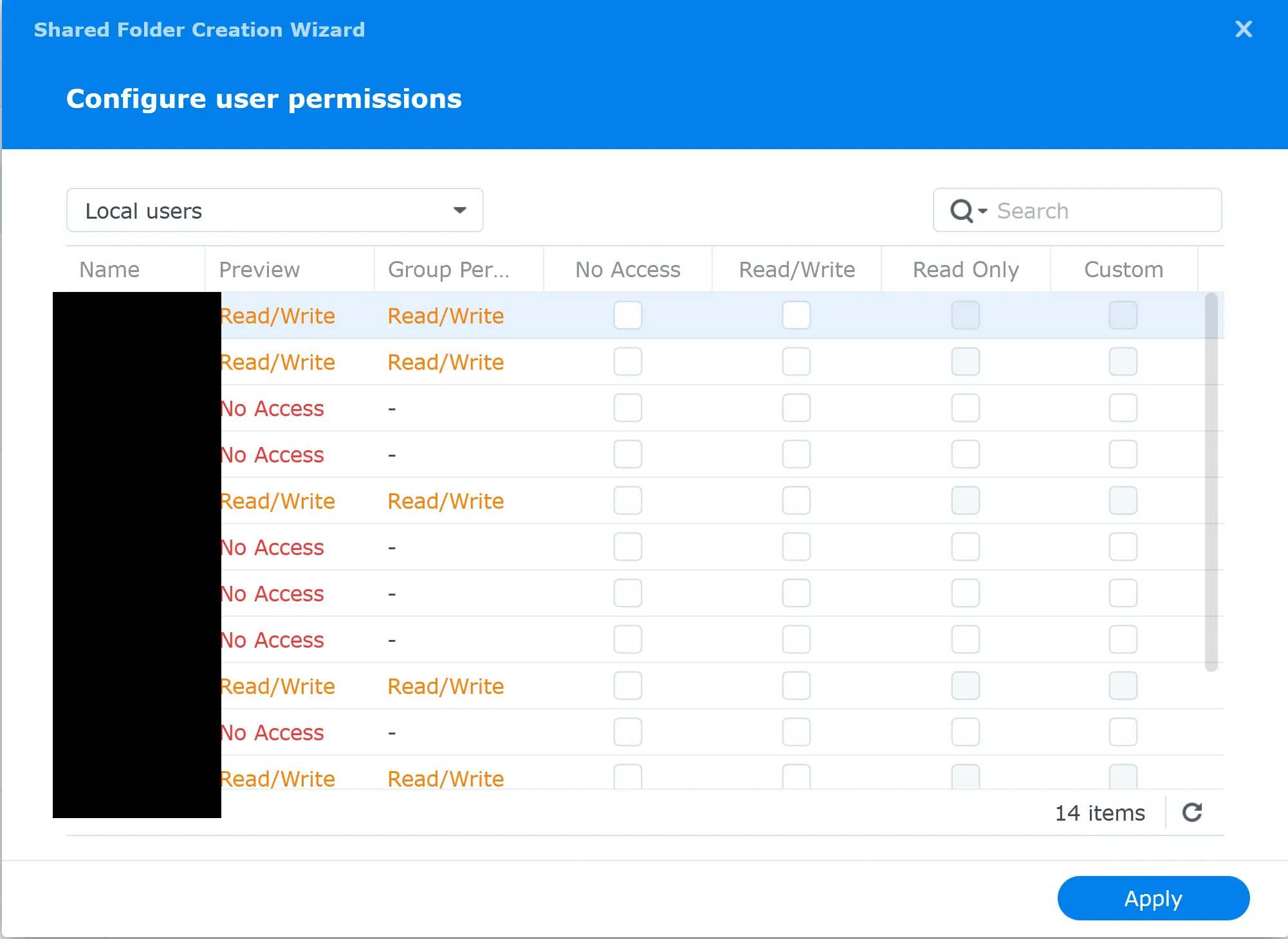 Synology shared folder configure user permissions