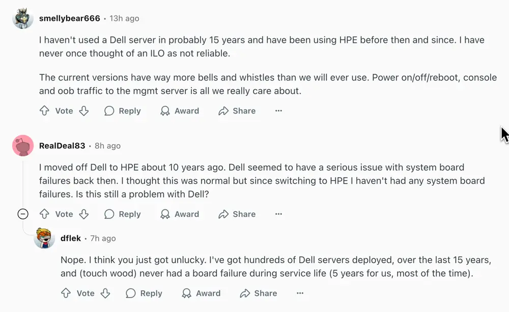 Dell Poweredge vs HPE Proliant - User comment on Reddit