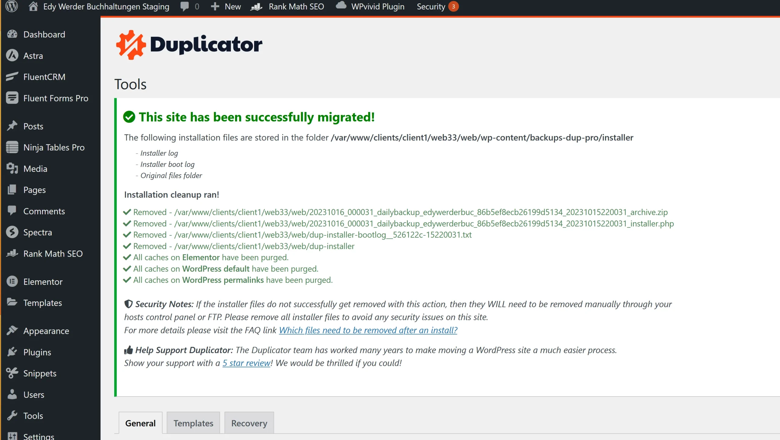 WordPress backend after restore 