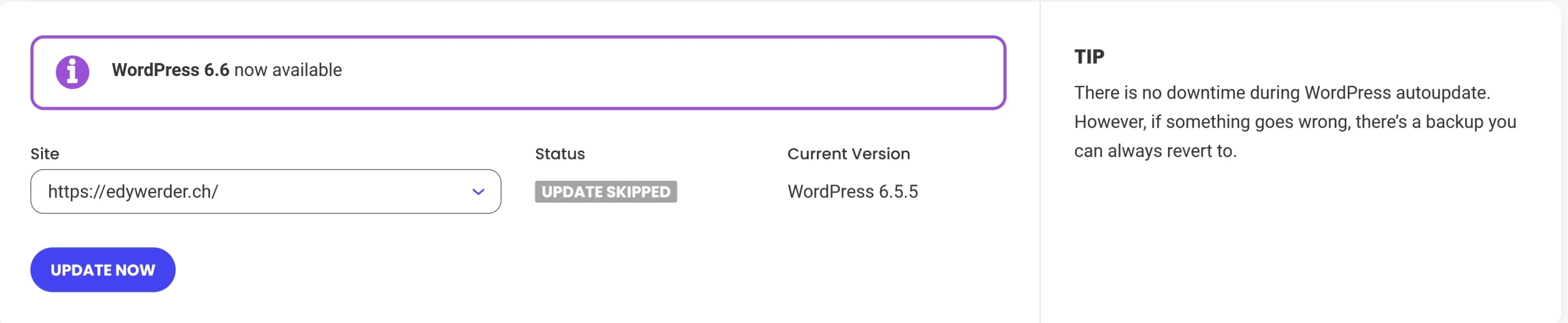 SiteGround - WordPress update skipped