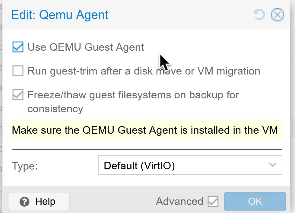 Proxmox enabling qemu agent 